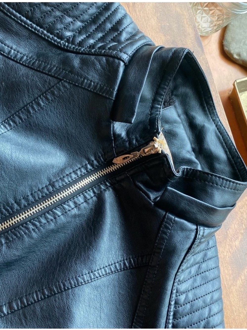 Aoxite Classic Black Faux Leather Moto Jacket S
